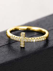 1 chiếc nhẫn hình thánh giá đính đá Cubic Zirconia thanh lịch, kiểu dáng nữ, thích hợp cho đám cưới, lễ đính hôn, kỷ niệm, tiệc tùng, cũng như làm quà tặng ngày Valentine. - Vàng - Xem 3