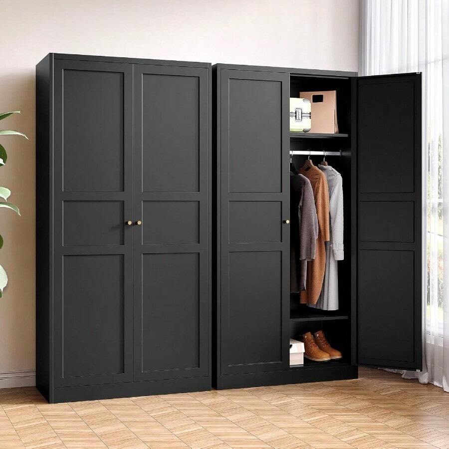 Metal Armoire Wardrobe Closet With 2 Doors 72'' Wardrobe Cabinet With Hanging Rail Metal Closet With Adjustable Shees For Bedroom Require Assembly Black 72inch - 黑色 - 查看 1