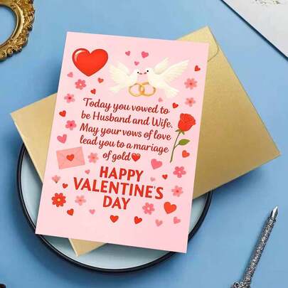 1pc Valentine's Day Wedding Vows Love Doves And Hearts Card Greeting Card With Envelope Romantic Design Featuring White Doves, Golden Rings, Red Roses And Love Letters, Perfect For Valentine's Celebration, Great For Friends, Lovers, Colleagues