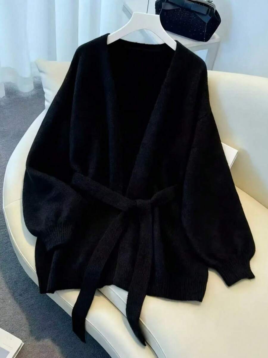 女士优雅休闲针织开衫,宽松休闲风格,时尚简约通勤毛衣外套,系带腰身上衣外套,复古别致街头风,户外服装 黑色 - 黑色 - 查看 1