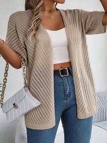 Plus Size Hollow Out Knit Short Sleeve Cardigan, Suitable For Casual Spring/Summer Style - Khaki - View 4
