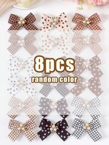 8个随机美拉德印花蝴蝶结、格子、花朵图案撞色发夹，复古法式侧夹刘海夹，可爱女孩日常及派对发饰 - 彩色 - 查看 10