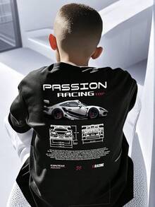 Camiseta de cuello redondo de manga corta con estampado casual para niños y adolescentes estudiantes, top de verano - Negro - Ver 1