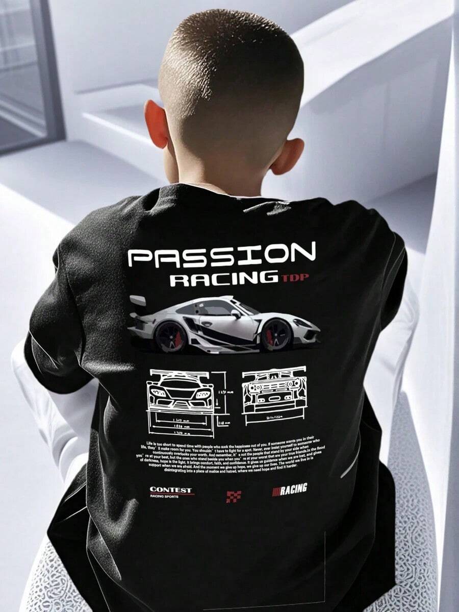 Camiseta de cuello redondo de manga corta con estampado casual para niños y adolescentes estudiantes, top de verano - Negro - Ver 1