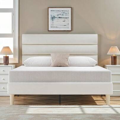 Velvet Upholstered Bed Frame - No Box Spring Needed Platform Bed With Storage Space And Noise-Free Metal Support Easy Assembly Modern Bedroom Furniture Beige Double