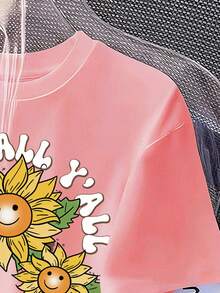 Camiseta de manga corta con cuello redondo y estampado de dibujos animados para niña preadolescente - Rosa - Ver 4