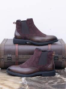 Men's Boots, Chelsea Boots, Boots, Roman Boots, Autumn/Winter Suede Fabric, Embroidery & Print Design, Business Casual, Elastic Band, Fashion, Suitable For Various Occasions, Western Style, Retro, Christmas Style - Brown - View 2