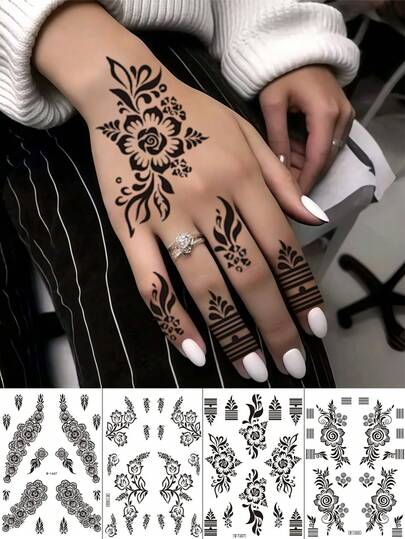 4pcs Black Henna Temporary Tattoo Stickers, Lace Henna Fake Tattoos For Women, Waterproof Hand Tattoo Stickers, Suitable For Valentine's Day, Party, Prom, Muslim Dress, Wedding, Festival And Other Occasions