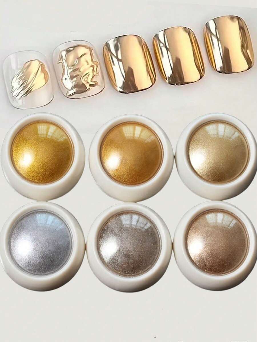 Gold & Silver Aurora Magic Mirror Chrome Powders 6PCS Y2K Chrome Nail Powder Metallic Mirror Pigment Glitter Effect Holographic Powder For Nails, Rose Gold Silver Champagne Rubbing DIY Dust For Nail Designs Decoration Supplies - Vàng - Xem 1