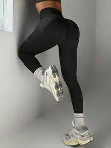 Solid Color High Waist Seamless Leggings - Black - View 11