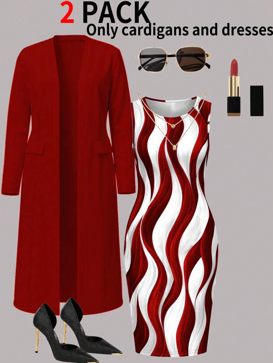 春季大码女装套装，开襟羊毛长袖外套搭配抽象波浪印花无袖连衣裙，春季正式职场两件套，优雅时尚 - 紅色38 - 查看 1