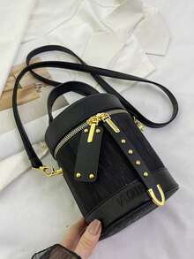 女士时尚小众圆柱形手提包，水桶包新款高端单肩斜挎包，零钱包，口红盒，多功能小众纹理链条邮差包，适合约会、购物、外出、通勤、日常搭配、办公、度假等场合。 - 黑色 - 查看 10