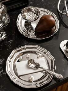 1 đĩa phục vụ kiểu Châu Âu bằng thép không gỉ, nhẹ, sang trọng, cao cấp dùng cho đồ ăn nhẹ, trái cây, tráng miệng trong gia đình. - Bạc - Xem 3