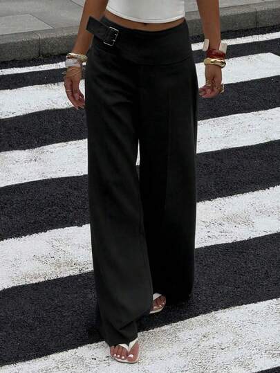 女士梭织面料无弹力纯色高腰孔眼扣设计阔腿裤