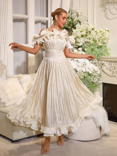 Nowość w europejskiej i amerykańskiej modzie, plisowana, falbaniasta sukienka na jedno ramię, rozkloszowana, z talią i dopasowaną spódnicą dla druhny