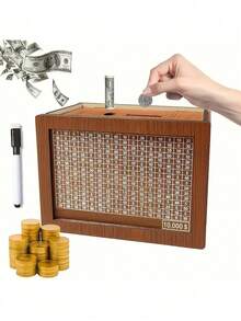 1pc Goal-Oriented Savings - Non-Waterproof Wooden Savings Bank With Goal Counter - $10,000 Cash Storage Box - Holiday Creative Gift - Brown - View 5