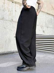 Men's Loose Fit Flared Leg Casual Pants, Relaxed Fit, Spring/Summer/Autumn Black - Black - View 4