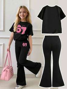 Tween Girls' Numeric Print Short Sleeve T-Shirt And Skinny Flare Pants Casual Outfit - Black - View 2