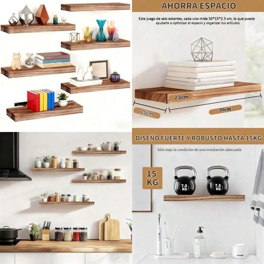 6 Pzs Repisas Flotantes de 50*15*2.5cm, Estantes Flotantes Soportar Hasta 15 kg, Repisas Flotantes de Pared, Estante de Almacenamiento Flotante Simple y Moderno para Sala, Baño, Dormitorio y Cocina(default) - Multicolor - Ver 1