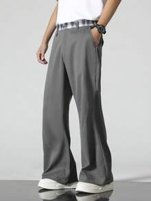 Men's Fashion Plaid Waistband Loose Flare Pants, Grey