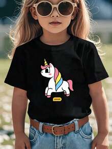 Nuevas blusas para niñas, cómodas camisetas informales con estampado de unicornio, adecuadas para niñas. - Negro - Ver 6