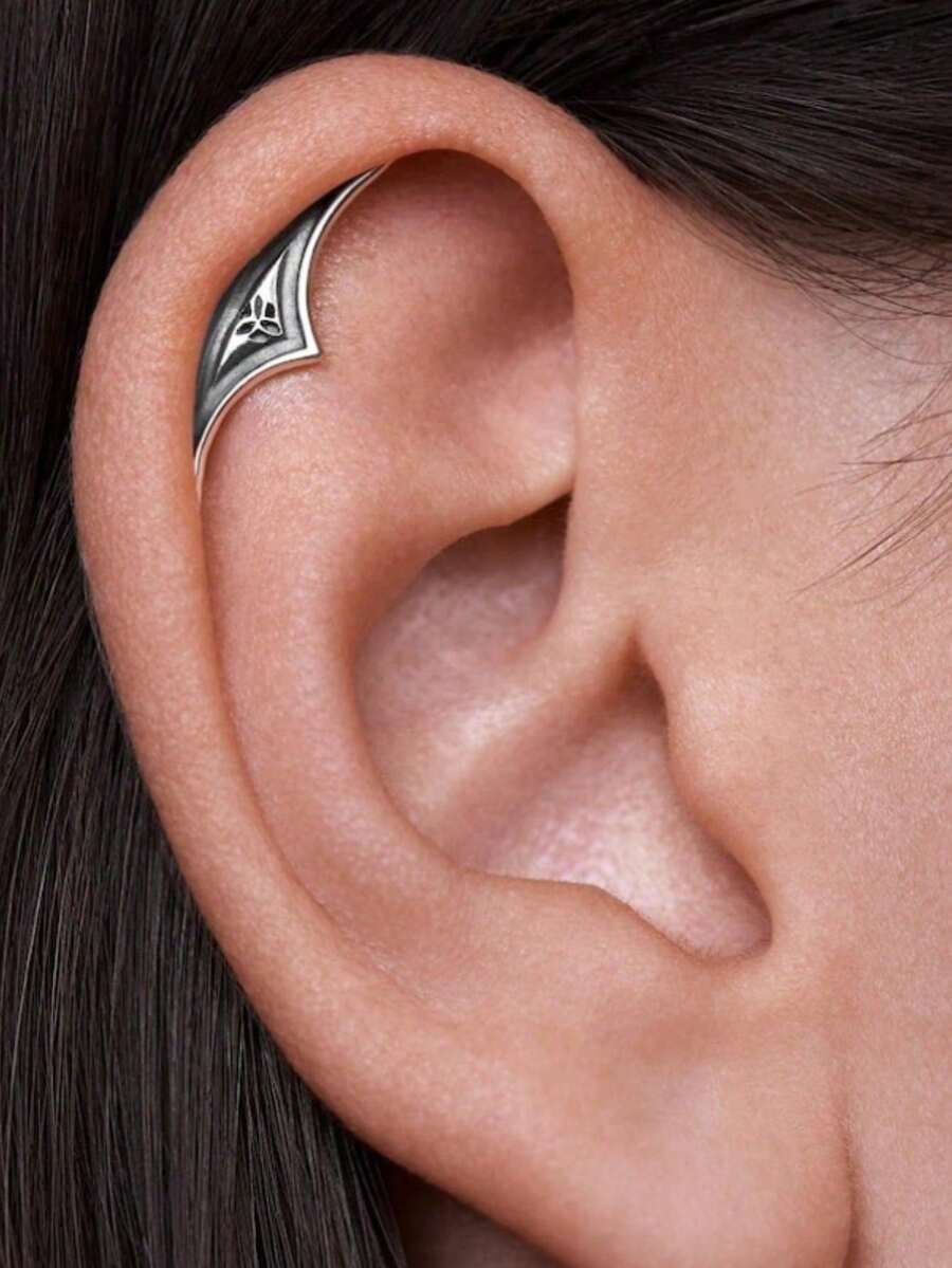 1pc Gothic Style Hidden Ear Cuff Earring, Deep Silver Tone Punk Jewelry, Medieval Ear Stud - Silver - View 1