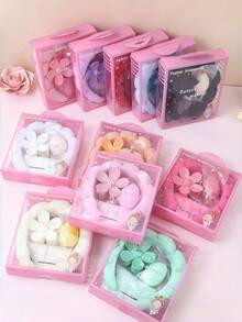 5pcs Women's Sponge SPA Headband, Wristband, And Large Flower Hair Clip Gift Set, Decorative Packaging, Suitable For Parties, Gifts, And Everyday Use, Claw Clips, Hair Barrettes - Multicolor - View 1