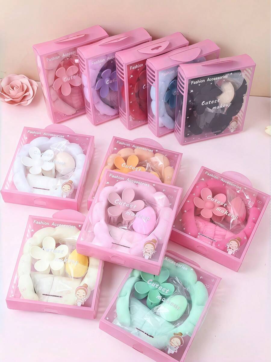 5pcs Women's Sponge SPA Headband, Wristband, And Large Flower Hair Clip Gift Set, Decorative Packaging, Suitable For Parties, Gifts, And Everyday Use, Claw Clips, Hair Barrettes - Multicolor - View 1