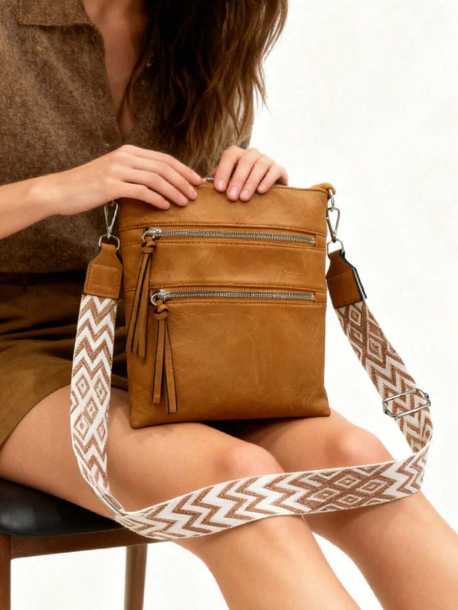 Fashionable Retro Style Crossbody Bag For Women, Multi-Pocket Design With Zipper Pockets, Geometric Wide Shoulder Strap, Essential Stylish Item For Daily Commute - Brown - View 1