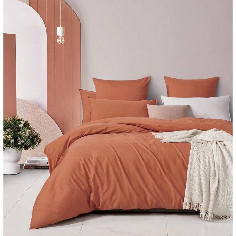 Gioia Casa 100% Vintage Washed Cotton Bed Quilt Cover Set - Ultra Soft Comfy Luxurious Duvet Cover With Zipper Closure - Elegant Quilt Cover Set For Bedding - Brick - Queen - 磚 - 查看 1