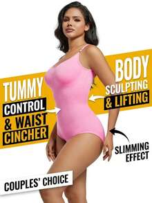 1 pieza Body sin mangas con cuello en V para mujer, control de abdomen y levantamiento de glúteos, alta elasticidad - Rosa - Ver 11