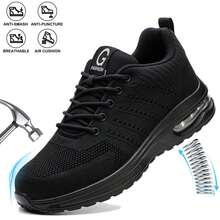 New Black Safety Shoes Men Women,Comfortable Breathable Air Cushion Work Shoes,Indestructible Steel Toe Sneakers,Fashion Construction Working Boots,Steel Toe Non Slip Work Shoes,Cushioned Insole Lightweight Work Sneakers,Anti-Smash, Anti-Puncture, Classic Sports Fashion, Breathable Low-Top, Wear-Resistant, Flexible, Comfortable Soft Sole, Outdoor Work Site Protective Shoes  (Women Please Order 1.5 Size Smaller)Christmas Gift/Festival Gift - 黑色 - 查看 1