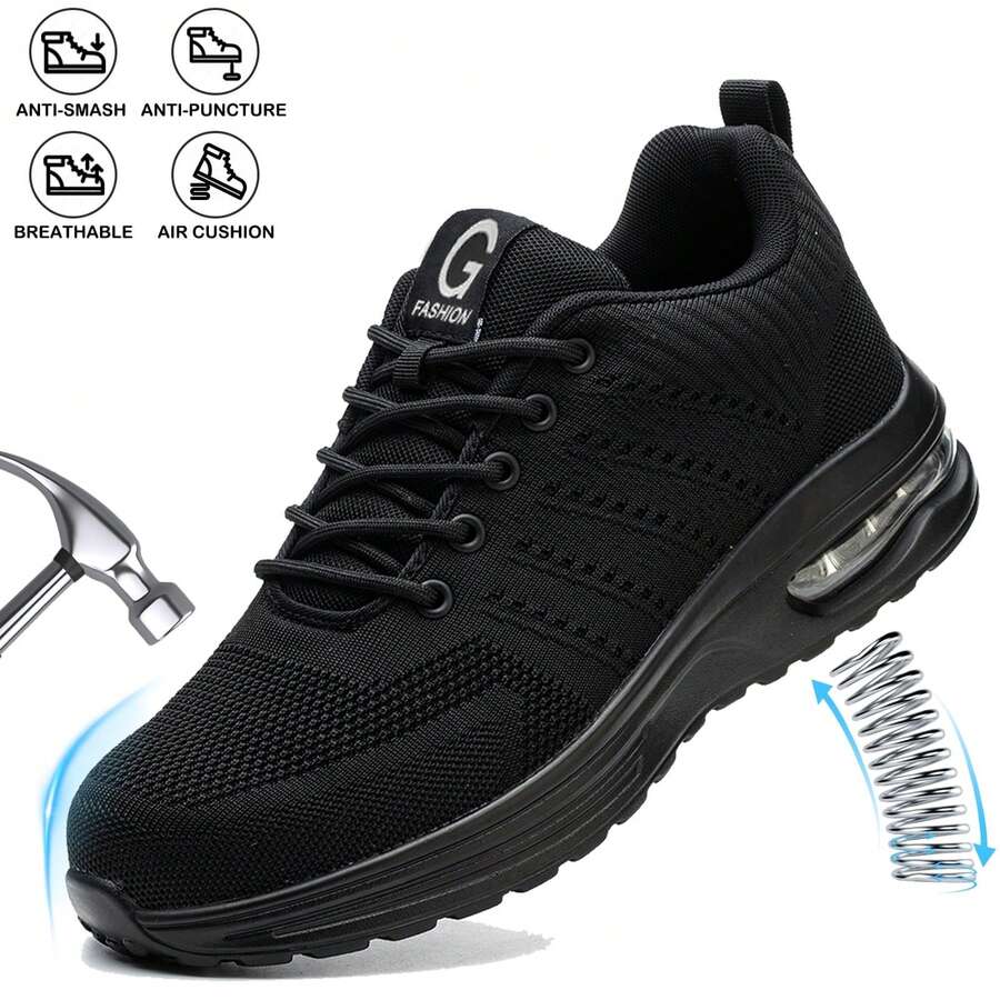 New Black Safety Shoes Men Women,Comfortable Breathable Air Cushion Work Shoes,Indestructible Steel Toe Sneakers,Fashion Construction Working Boots,Steel Toe Non Slip Work Shoes,Cushioned Insole Lightweight Work Sneakers,Anti-Smash, Anti-Puncture, Classic Sports Fashion, Breathable Low-Top, Wear-Resistant, Flexible, Comfortable Soft Sole, Outdoor Work Site Protective Shoes  (Women Please Order 1.5 Size Smaller)Christmas Gift/Festival Gift - 黑色 - 查看 1