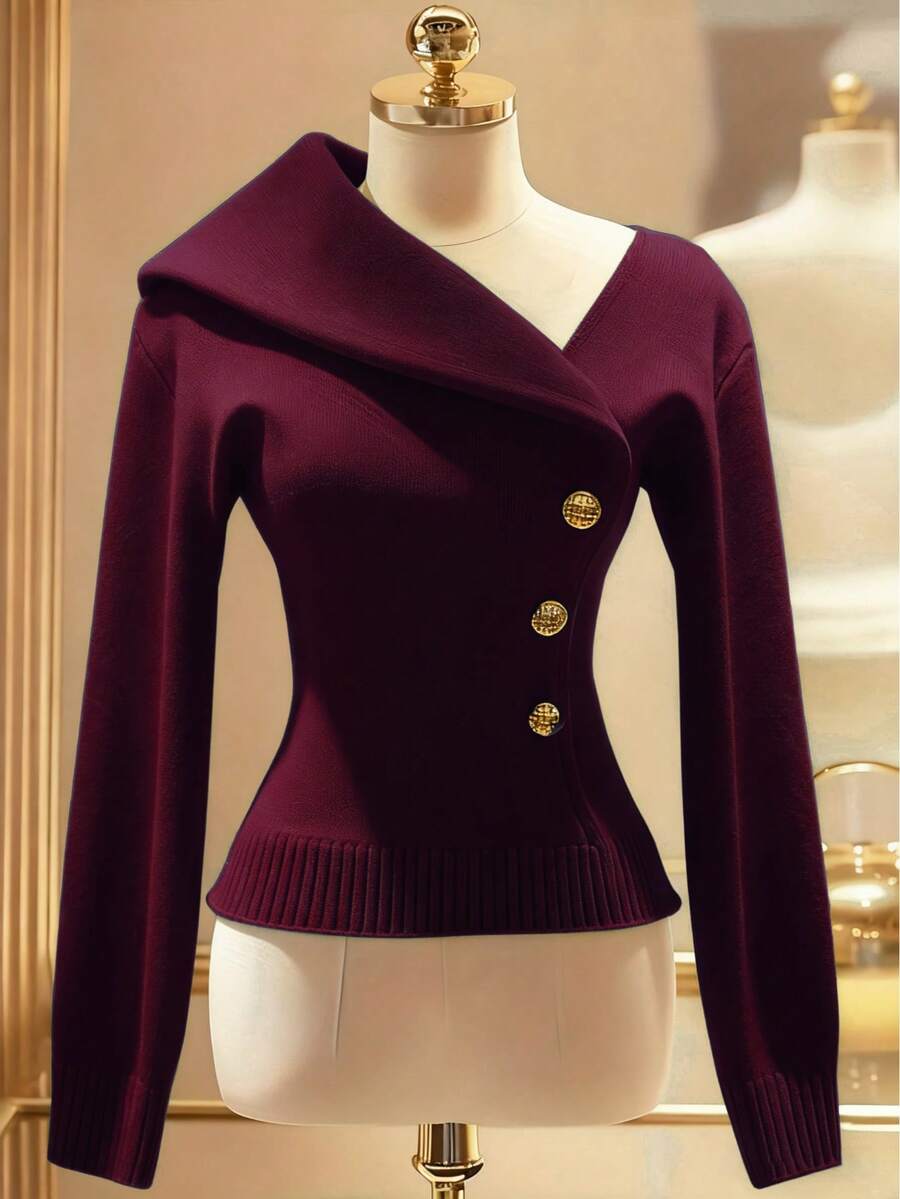 Women's Elegant Casual Turtleneck Pullover Sweater, Single-Breasted Metal Button Design, Comfortable Solid Color Ribbed Asymmetric/Asymmetrical, Autumn/Winter - Burgundy Red - View 1