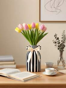 1pc Hand-Painted Striped Ceramic Vase - Farmhouse Style Tabletop Decor, Suitable For Home, Events, Weddings, Kitchens, Offices, Gardens, Birthdays, Anniversaries, Back To School Room Decor, Stationery, Vase, Ceramic Vase - Multicolor - View 7