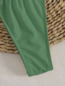 新款纯色系带优雅性感超三角比基尼套装，夏季沙滩时尚女士比基尼度假装 - 豹紋綠 - 查看 6