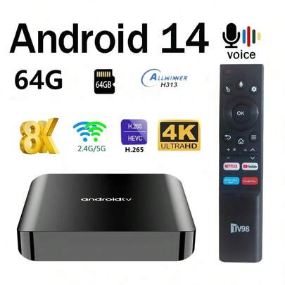 Q96 OHP 64 GB IPTV Android 14 TV-box, driven av Allwinner H313-chip, stöder 4K HD-video, dual-band WiFi (2.4G/5G), levereras med röststyrd fjärrkontroll, lämplig för hemmet och sammankomster
