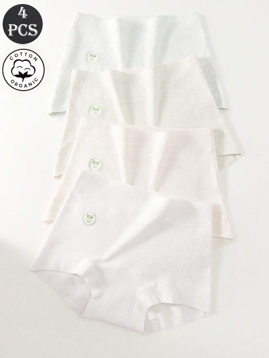 4 piezas de bragas de algodón de cintura alta para mujer, con diseño de unicolor y a rayas, zona de la entrepierna extendida, suaves y cómodas - Multicolor - Ver 1