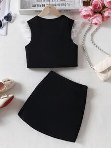 夏季女童优雅蕾丝拼接无袖上衣和迷你裙两件套 - 黑色 - 查看 2