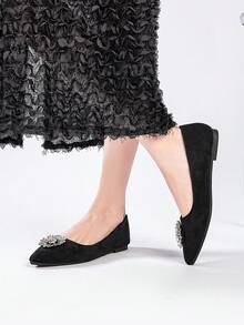 1双法国麂皮鞋，新款春秋季女鞋，尖头，水钻圆扣，平底鞋 - 黑色 - 查看 7