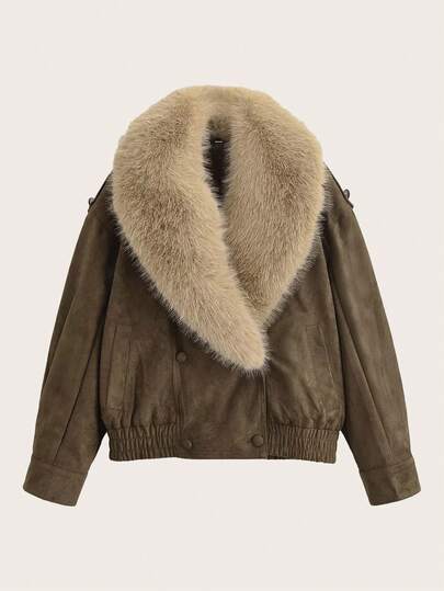 Enfärgad jacka med pälskrage i konstmocka, höst/vinter