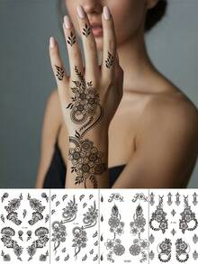 4片黑色蕾丝海娜临时纹身贴纸，适合女性婚礼、节日、穆斯林服装、情人节、约会装饰 - 黑色 - 查看 9