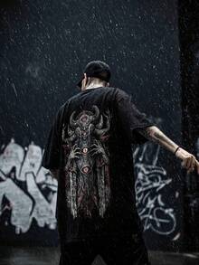 Men's Summer Sports Dark Graphic Print Round Neck Short Sleeve T-Shirt, Casual Short Sleeve - Black - View 4