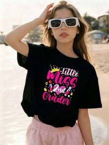 Camiseta para ni?as de segundo grado, ropa infantil, tacto suave, corte holgado, estilo urbano, estilo caricatura - Negro - Ver 6