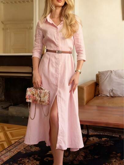 Women's Elegant Shirt Collar Long Sleeve Dress, Suitable For Everyday Wear In Autumn/Winter, Halloween, Ramadan