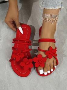 女士平底凉鞋，花卉图案套脚拖鞋，夏季户外新款时尚休闲拖鞋，适合约会、购物、聚会、海滩度假、居家休闲等场合。 - 紅色 - 查看 10