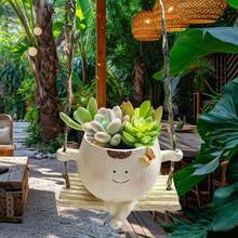 Vaso decorativo suspenso em resina, com design criativo de carinha sorridente e padrão geométrico. Ideal para suculentas, decoração de jardim e pátio. Vaso redondo em resina com formato floral. Não necessita de energia elétrica. - Multicolorido - Ver 6