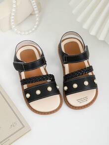 1 Pair Black Soft Leather Toddler/Little Girls' Flat Sandals With Pearl Woven Strap, Hook And Loop Design, Round Toe, Non-Slip Soft Sole, Casual Style, Suitable For 3-15 Years Old Girls, Spring/Summer - Black - View 6