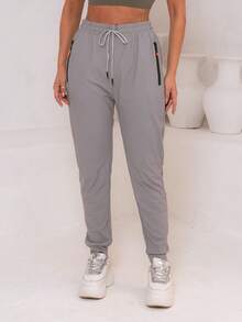 Women's Simple Pants With Knot, Pocket, And Drawstring - Pink - View 4