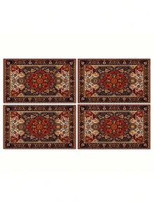 4 件装亚麻质感餐垫 - 波西米亚艺术设计，可手洗，长方形餐桌垫，适用于家居和厨房装饰，隔热